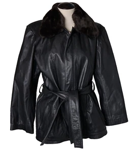 Nomada Leather Jacket L Faux Fur Collar 70s Mob Wife Festival Retro Belted Moto - Picture 1 of 11