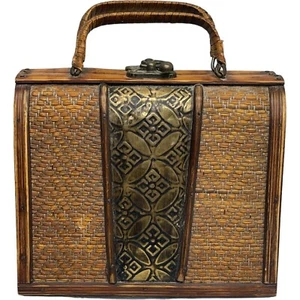 Vintage Handmade Wood Handbag Purse Trinket Box Weave Brass Embossed Trim 6x5x4” - Picture 1 of 6