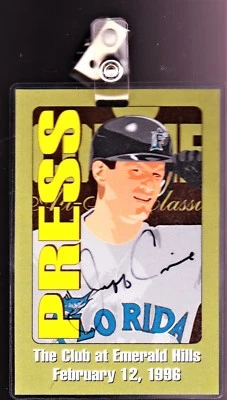 RARO Jeff Conine Autógrafo 1996 All-Star Classic Press Pass, Marlins Auto Foto 1 de 2