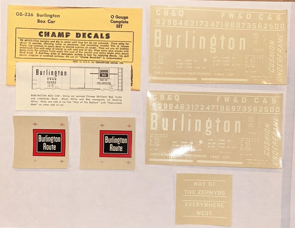 CHAMP O SCALE DECAL-BURLINGTON/CB&Q BOX CAR - WHITE & RED LETTERING  - #OB-336 - Image 1 of 1
