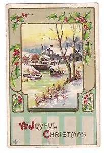 A JOYFUL CHRISTMAS Water Mill Snow Scene Postcard Embossed LSCC 1912 - Bild 1 von 2