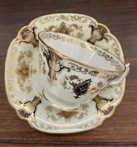 Royal Crown Derby Footed Cup & Saucer #9917 c. 1933 IVORY, COBALT , GOLD STAMPED - Picture 1 of 13