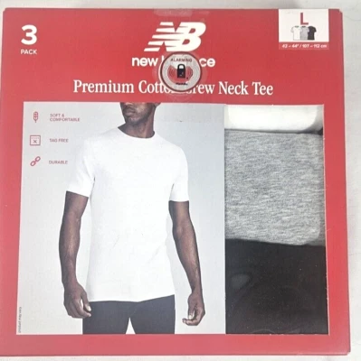 Paquete de 3 camisetas New Balance de algodón cuello redondo para hombre blancas grises negras talla L Foto 1 de 4