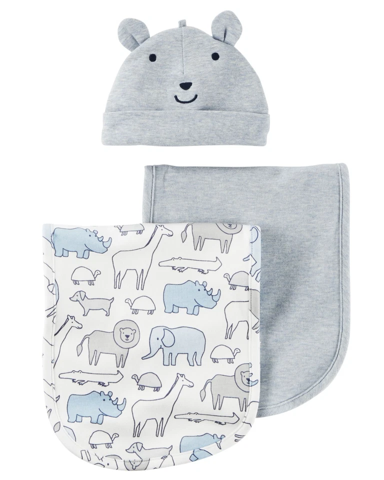 Carter's Baby Boy's 3-Piece Burp Cloth & Hat Set Heathered Animal Themed Foto 1 de 2
