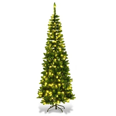 SHATCHI Christmas Tree Pre Lit Slim Pencil Green Artificial Bushy Pine XMAS Decor 5FT UK