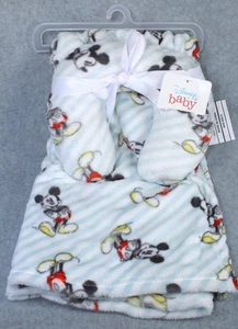 Disney Baby 2 Pc Mickey Mouse Head Rest Travel Pillow & Blanket Blue Stripe 30" - Picture 1 of 6