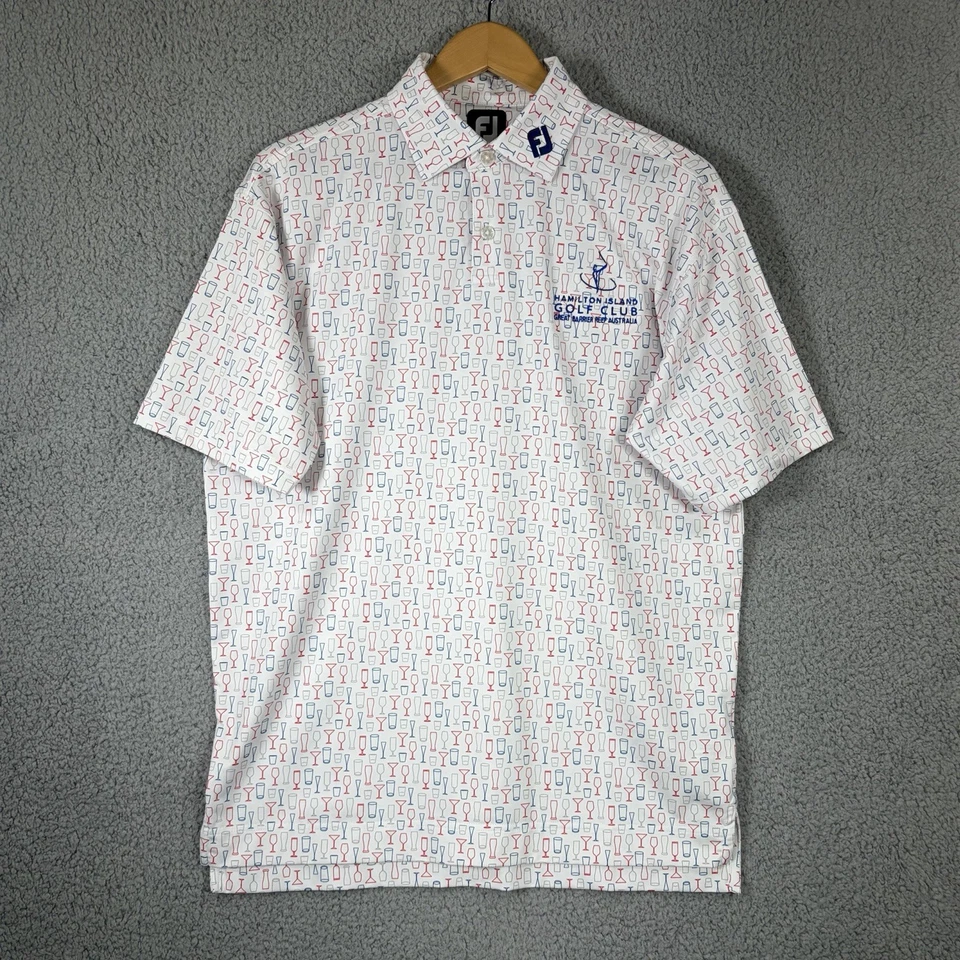 FootJoy Performance Golf Polo Shirt Men Medium White Red Wine Glass AOP - Image 1 of 4