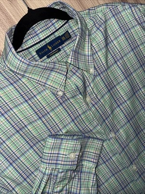 Ralph Lauren Hombres Calce Regular Rendimiento Elastizado Azul Verde Cuadros XXL Manga Larga Foto 1 de 4