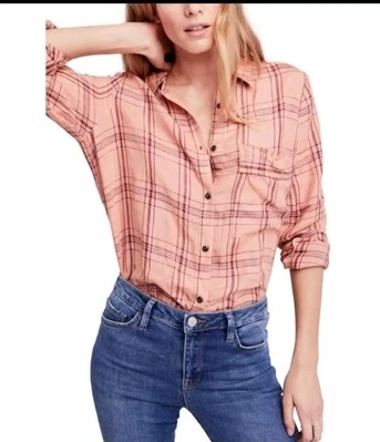 Camisa Free People para mujer M melocotón 100 % lino a cuadros abotonada playa costera Foto 1 de 4