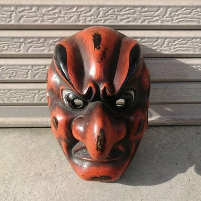 Máscara Bugaku Tengu Demonio Madera Decoración Roja y Negra Usada con Cuerda Foto 1 de 4