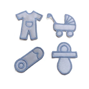 4 x 5cm Baby Themed Mini Set (Pram / Dummy / Nappy pin / Baby grow) Patch Motif - Picture 1 of 5