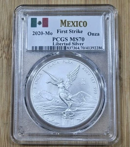 Messico 2020 1 oncia Moneta Argento Libertad MS70 PCGS Primo Colpo - Etichetta Bandiera - Foto 1 di 2