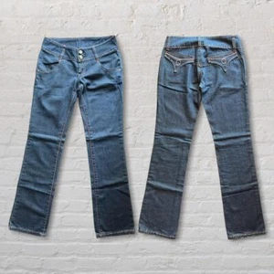 Embroidered Back Y2K Denim Hip Huggers• Vintage straight leg low rise blue jean - Picture 1 of 4