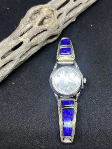 Navajo Inlay Lapislazuli, White Fire Opal & Jet Sterling Silber Uhr - Bild 1 von 9