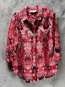 Jones New York Women’s XL Linen Button Top Red Abstract Aztec 3/4 Sleeve Blouse - Picture 1 of 5