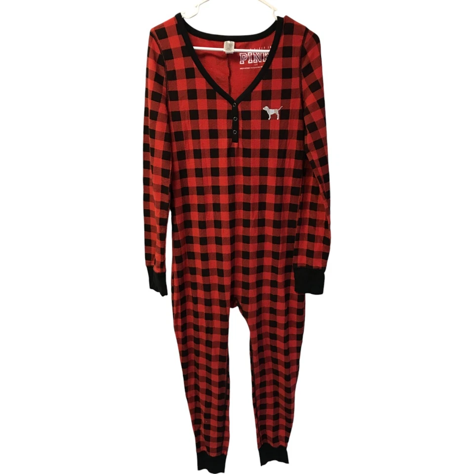 Pink Victoria's Secret One Piece Pajama Womens Large Red Black Check Thermal - Image 1 of 4