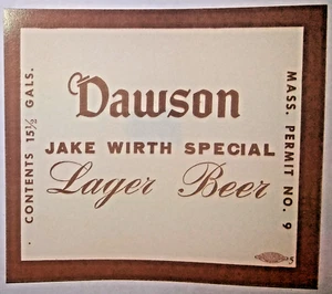 Dawson's Jake Wirth Special LAGER Fass Bier Etikett Oberm Neu Bedford Mass IRTP? - Bild 1 von 2
