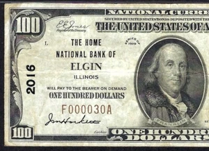 🇺🇸IL 1929 $100 LOW S/N:000030 ♚♚ELGIN, ILLINOIS♚♚ THE HOME NB PMG VERY FINE 30 - Picture 1 of 3
