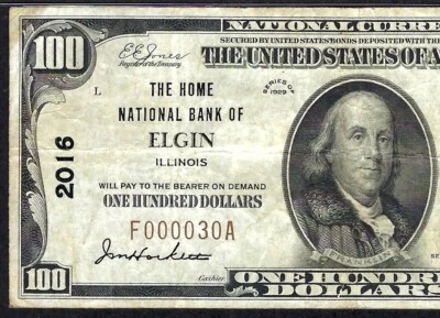 🇺🇸IL 1929 $100 LOW S/N:000030 ♚♚ELGIN, ILLINOIS♚♚ THE HOME NB PMG VERY FINE 30 - Image 1 of 3
