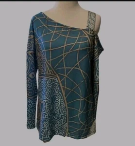 Top tunica donna spalle scoperte taglia XL geometrico gatto una cinghia blu acqua oro - Foto 1 di 8