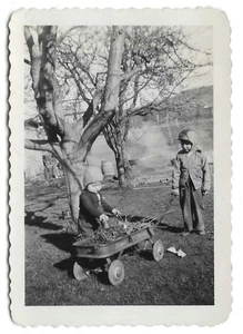 Vintage Vernacular Snapshot Two Children Play with Kid's Wagon - Picture 1 of 1