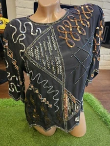 VTG  Argenti 100% Silk Black Multi Color Beaded Sequin Party Evening Top Sz  M - Bild 1 von 9