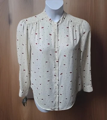 Faded Glory Ivory Crepe Blouse Polkadot Colorful Lips Silky LS Classic Sz 8-10 - Image 1 of 4