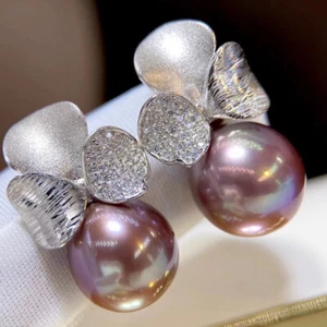 gorgeous 10-11mm south sea round lavender pearl earring 925s(t) - Picture 1 of 3