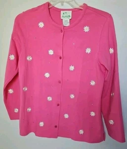 The Quaker Factory Pink w/ Daisy Embroidered Cardigan Sweater M NEW - Picture 1 of 4
