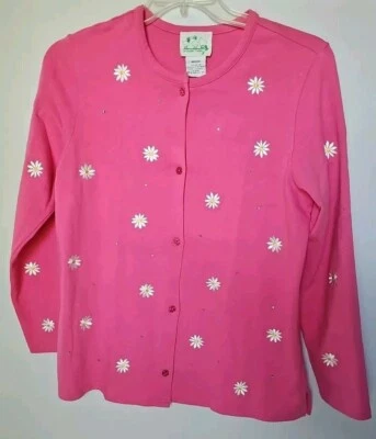 The Quaker Factory Pink w/ Daisy Embroidered Cardigan Sweater M NEW - Image 1 of 4