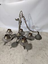 Antique 5-light chandelier, brass, glass, chain, as pictured
