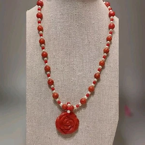 Vintage 70's 80's LS Lee Sands Red Coral And Pearl Rose Necklace 17" - Picture 1 of 7