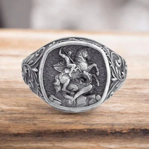 Saint Michael Archangel with Wing Zodiac Men's Ring 925 Handmade Sterling Sliver - Picture 1 of 7