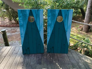 WATERPROOF & FADEPROOF Cornhole Board Wraps - Blue Wood Grain - Picture 1 of 3