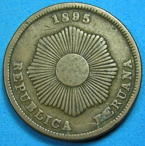 Peru 2 Centavos Copper-Bronze Coin 1895, KM-188.2, Free S/H after 1st item - Picture 1 of 2
