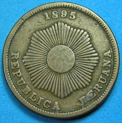 Peru 2 Centavos Copper-Bronze Coin 1895, KM-188.2, Free S/H after 1st item - Image 1 of 2