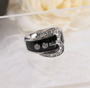 Fashion Camille Lucie Black Enamel Clear Rhinestone Belt Buckle Size 8.5 Ring - Picture 1 of 5