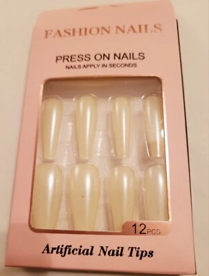 Juego de 12 puntas de uñas blancas brillantes a presión de moda largas con pegamento... Foto 1 de 4