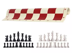 Chess Set with 20" Red Roll up Vinyl Board - Black and White Tournament Weighted - Picture 1 of 4