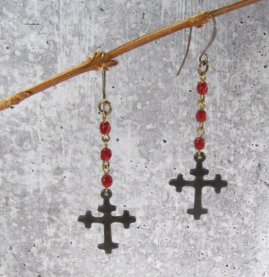 Garnet Ruby Red Bead Beaded Gothic Crusades Cross Dangle Earrings Pewter - Image 1 of 4