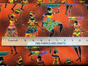TT African Dance Ladies 100% cotton fabric metallic by the yard 36x44 CM2040 - Picture 1 of 9