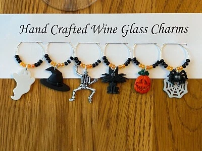 "HALLOWEEN" SET OF 6  HAND CRAFTED WINE GLASS CHARMS  - Image 1 of 4