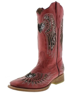 Womens Rodeo Boots Square Toe Red Silver Heart Wings Botas Mujer Size 4.5, 5.5 - Picture 1 of 5