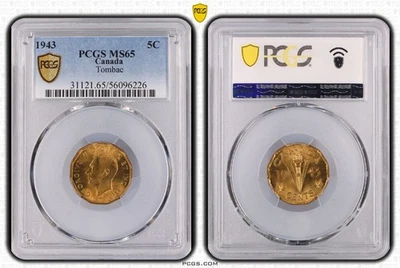 Canadá, 1943 Jorge VI 5 centavos Tombac. PCGS MS 65. Foto 1 de 4