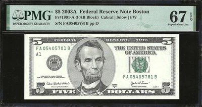 2003A US $5 (Federal Reserve Note Boston) ☆PMG 67 EPQ☆ Superb Gem Unc - Image 1 of 2