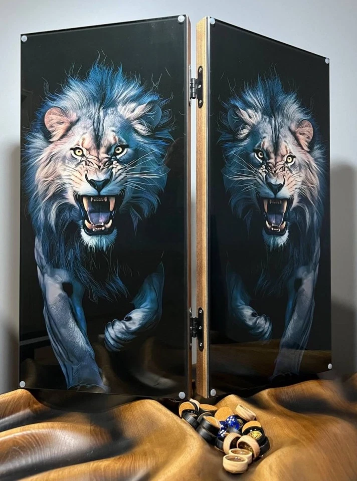 Backgammon Set Lion Theme, Wooden, Glass & Epoxy Resin, Game Board, Dice Game - Image 1 of 4