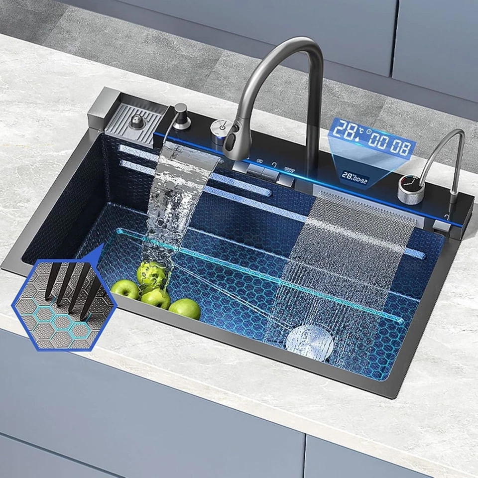 Küchenspüle Edelstahl Einbauspüle Spülbecken Wasserfallspüle Set mit Wasserhahn - Bild 1 von 4