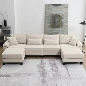 New 133*65" Corduroy U-Shaped Modular Sectional Sofa with Armrest Bags - Picture 1 of 12