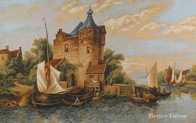 36" WALL JACQUARD WOVEN TAPESTRY Sea Harbor ANCIENT SCENE - EUROPEAN ART PICTURE - Image 1 of 2