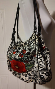 BRIGHTON Embroidered Poppy Black White Shoulder Bag Purse Medium Size w/ Box